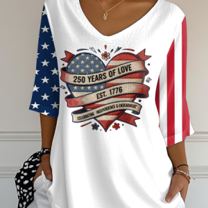 Women Heart/Cordate Three Quarter Sleeve Tee T-shirt V Neck Printing Casual Graphic Tee Spring/Fall Top, JustFashionNow T-Shirts, color:White|size:5XL