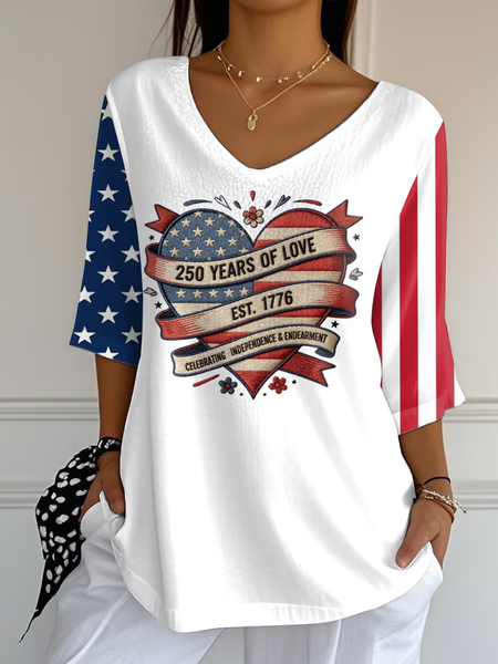 Women Heart/Cordate Three Quarter Sleeve Tee T-shirt V Neck Printing Casual Graphic Tee Spring/Fall Top, JustFashionNow T-Shirts, color:White|size:5XL