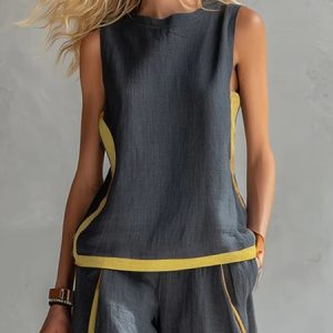 Cotton And Linen Casual Color Block Crew Neck Tank Top, Tanks and Camis, color:Gray|size:XXL, Stylewe
