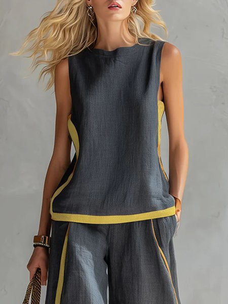Cotton And Linen Casual Color Block Crew Neck Tank Top, Tanks and Camis, color:Gray|size:XXL, Stylewe