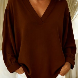 Women Plain V Neck Long Sleeve Shirt Split Joint Casual Daily Spring/Fall Top, JustFashionNow Blouses, color:Brown|size:3XL