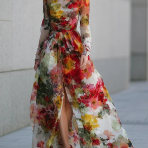 Elegant Floral Slit Stand Collar Maxi Party Dress, Cocktail Dresses, color:As Picture|size:XS, Stylewe