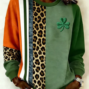 Women Leopard Crew Neck Printing Casual Spring/Fall Long Sleeve Sweatshirt, JustFashionNow Sweatshirts & Hoodies, color:Green|size:XXL