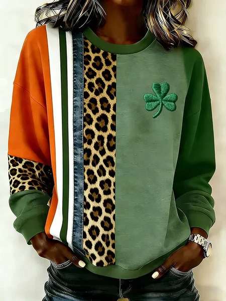 Women Leopard Crew Neck Printing Casual Spring/Fall Long Sleeve Sweatshirt, JustFashionNow Sweatshirts & Hoodies, color:Green|size:XXL