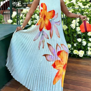 Vacation Floral Printing Crew Neck Maxi Dress, Maxi Dresses, color:As Picture|size:XXL, Stylewe