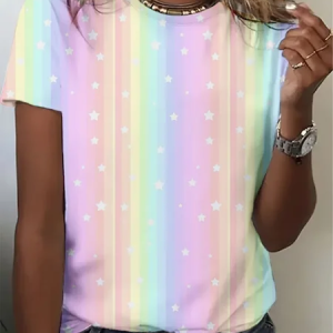 Women Star Short Sleeve Tee T-shirt Crew Neck Printing Casual Graphic Tee Summer Top, JustFashionNow T-Shirts, color:As Picture|size:XXL