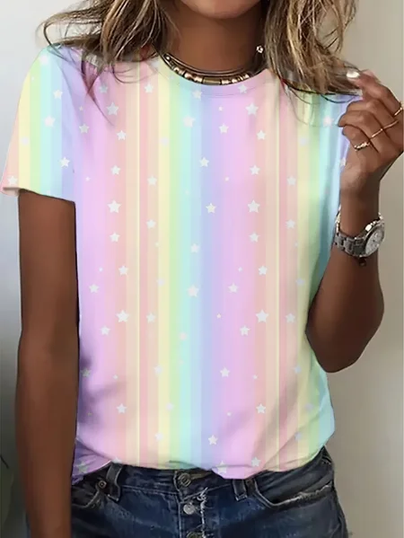 Women Star Short Sleeve Tee T-shirt Crew Neck Printing Casual Graphic Tee Summer Top, JustFashionNow T-Shirts, color:As Picture|size:XXL