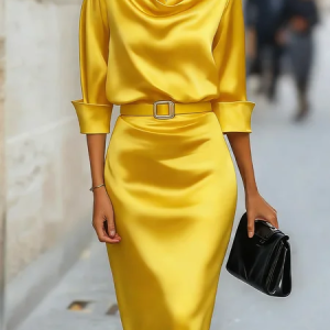 Elegant Satin Knee Length Shirt Dress 3/4 Sleeve Summer Party, Midi Dresses, color:Yellow|size:XXL, Stylewe