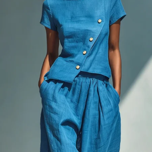 Cotton And Linen Casual Plain Irregular Craftsmanship Crew Neck Blouse, Blouses and Shirts, color:Blue|size:XXL, Stylewe