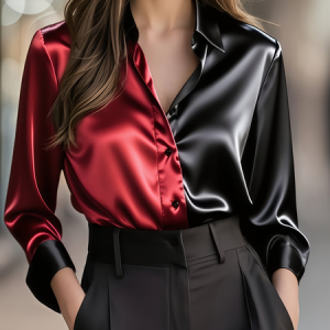 Women Plain Shawl Collar Long Sleeve Shirt Casual Daily Spring/Fall Top, JustFashionNow Shirts, color:Red-black|size:XXL