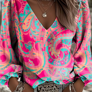 Women Floral V Neck Long Sleeve Blouse Printing Casual Daily Spring/Fall Top, JustFashionNow Blouses, color:Pink|size:4XL