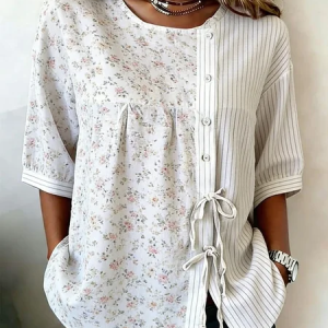 Women Striped Crew Neck Half Sleeve Shirt Vintage Daily Summer Top, JustFashionNow Shirts, color:White|size:5XL