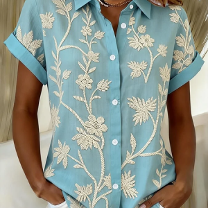 Women Floral Shirt Collar Short Sleeve Shirt Printing Casual Daily Summer Top, JustFashionNow Shirts, color:Blue|size:5XL