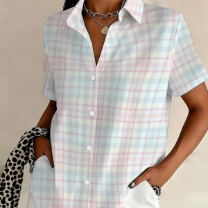Women Plaid Shirt Collar Short Sleeve Shirt Printing Casual Daily Summer Top, JustFashionNow Shirts, color:As Picture|size:XXL