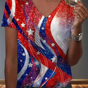 Women Star Short Sleeve Tee T-shirt V Neck Printing Vintage Summer Top, JustFashionNow T-Shirts, color:As Picture|size:4XL
