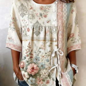 Women Floral Crew Neck Half Sleeve Shirt Vintage Daily Summer Top, JustFashionNow Shirts, color:As Picture|size:5XL