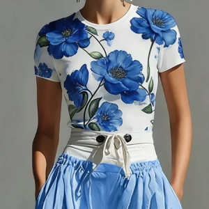 Casual Floral Slim Fit Short Sleeve Tee, Tees, color:Blue|size:XXL, Stylewe