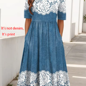 Women Floral Short Sleeve Crew Neck Printing Dress Daily Casual Maxi Shift Dress H-Line Summer Dress, JustFashionNow Casual Dresses, color:Blue|size:5XL
