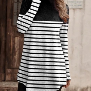 Women Striped Long Sleeve Tee T-shirt Mock Neck Printing Vintage Spring/Fall Top, JustFashionNow T-Shirts, color:Black|size:3XL