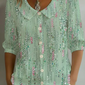 Women Abstract Shawl Collar Half Sleeve Shirt Printing Casual Daily Summer Top, JustFashionNow Shirts, color:Green|size:5XL