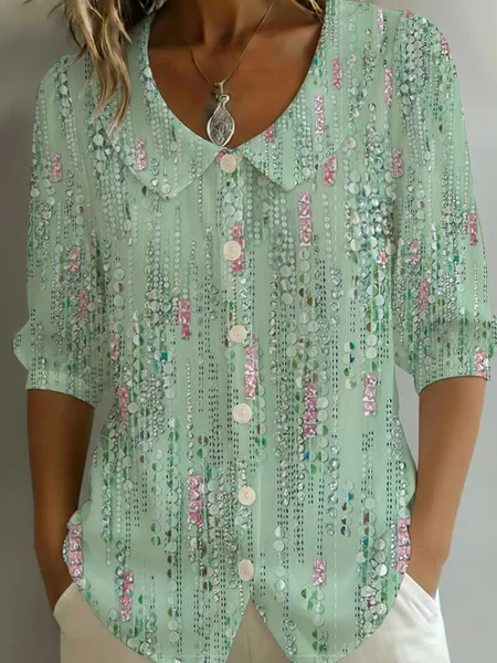 Women Abstract Shawl Collar Half Sleeve Shirt Printing Casual Daily Summer Top, JustFashionNow Shirts, color:Green|size:5XL