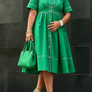 Urban Color Block Crew Neck Midi Dress, Midi Dresses, color:Green|size:XXL, Stylewe