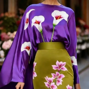 Satin Elegant Floral Printing Crew Neck Raglan Sleeves Blouse, Blouses and Shirts, color:Purple|size:XXL, Stylewe