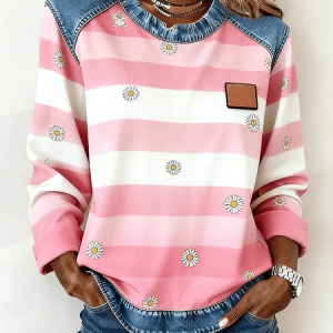 Women Striped Crew Neck Printing Vintage Spring/Fall Long Sleeve Sweatshirt, JustFashionNow Sweatshirts & Hoodies, color:Pink|size:4XL
