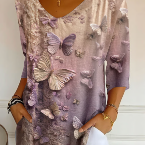 Women Butterfly Three Quarter Sleeve Tee T-shirt V Neck Printing Casual Graphic Tee Spring/Fall Top, JustFashionNow T-Shirts, color:Purple|size:5XL
