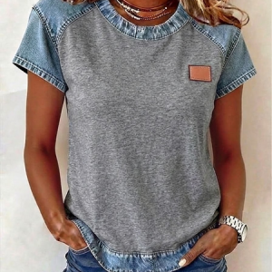 Women Plain Short Sleeve Tee T-shirt Crew Neck Printing Vintage Summer Top, JustFashionNow T-Shirts, color:Gray|size:4XL