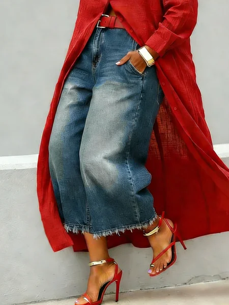 Urban Long Wide Leg Pants Loose H-Line Ripped Daily Trousers, Jeans, color:Blue|size:XXL, Stylewe