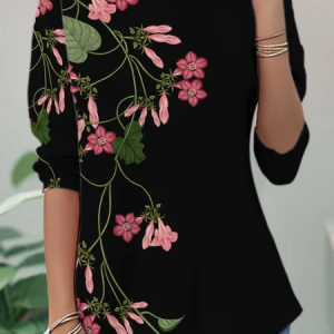 Women Floral Long Sleeve Tee T-shirt Crew Neck Casual Tunic Spring/Fall Top, JustFashionNow T-Shirts, color:Black|size:XXL