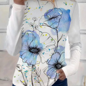 Women Floral Long Sleeve Tee T-shirt Crew Neck Printing Casual Spring/Fall Graphic Tee Top, JustFashionNow T-Shirts, color:White|size:XXL