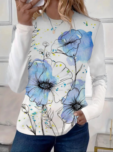 Women Floral Long Sleeve Tee T-shirt Crew Neck Printing Casual Spring/Fall Graphic Tee Top, JustFashionNow T-Shirts, color:White|size:XXL