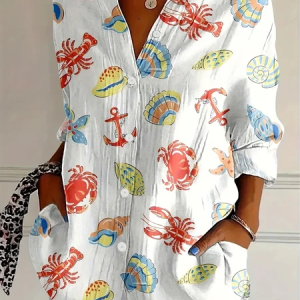 Women Marine Life Shirt Collar Long Sleeve Shirt Buckle Regular Sleeve Casual Daily Spring/Fall Top, JustFashionNow Shirts, color:White|size:XXL