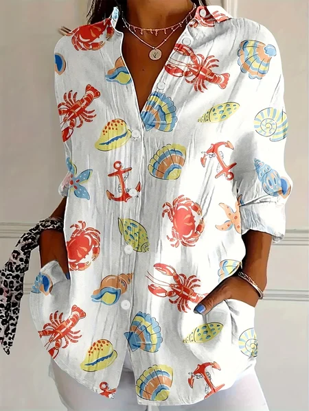 Women Marine Life Shirt Collar Long Sleeve Shirt Buckle Regular Sleeve Casual Daily Spring/Fall Top, JustFashionNow Shirts, color:White|size:XXL