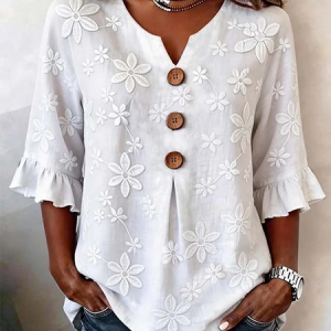 V Neck Half Sleeve Floral Printing Regular Micro-Elasticity Regular Fit Blouse For Women, Blouses, color:White|size:5XL, catalog Noracora shop