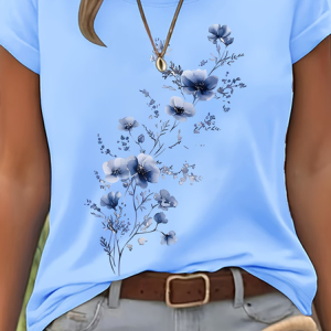 Women Floral Short Sleeve Tee T-shirt Crew Neck Printing Casual Graphic Tee Summer Top, JustFashionNow T-Shirts, color:Blue|size:XXL