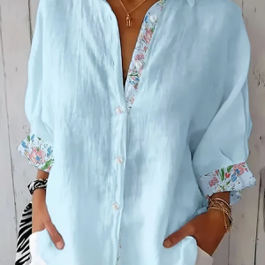 Women Floral Shirt Collar Three Quarter Sleeve Shirt Printing Casual Daily Spring/Fall Top, JustFashionNow Shirts, color:Blue|size:5XL