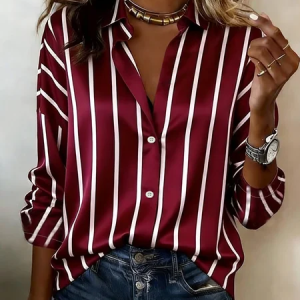 Women Striped Shawl Collar Long Sleeve Shirt Casual Daily Spring/Fall Top, JustFashionNow Shirts, color:Wine Red|size:XXL