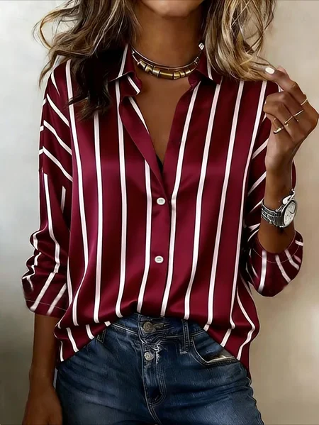 Women Striped Shawl Collar Long Sleeve Shirt Casual Daily Spring/Fall Top, JustFashionNow Shirts, color:Wine Red|size:XXL