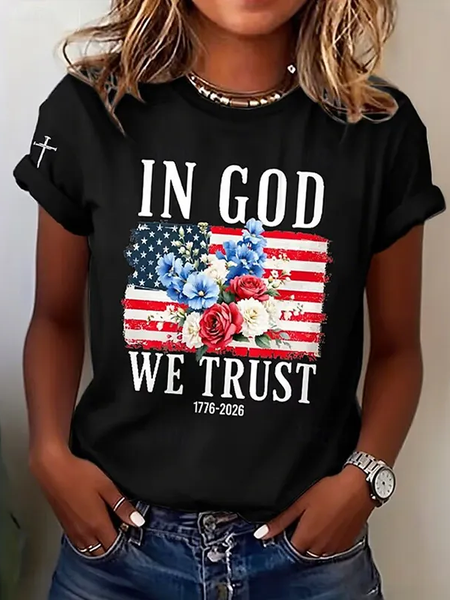 Women Floral Short Sleeve Tee T-shirt Crew Neck Printing Casual Graphic Tee Summer Top, JustFashionNow T-Shirts, color:Black|size:XXL