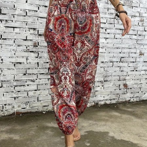Women Geometric Long Elastic Waist Pants Casual Spring/Fall Trousers, JustFashionNow Pants, color:Multicolor|size:XXL