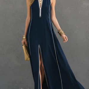 Casual Color Block Slit Stand Collar Maxi Dress, Maxi Dresses, color:Purplish Blue|size:XXL, Stylewe