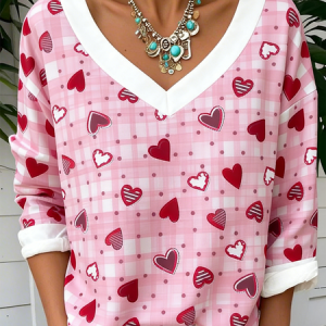 Women Leaf Long Sleeve Tee T-shirt V Neck Casual Spring/Fall Top, JustFashionNow T-Shirts, color:Pink|size:5XL