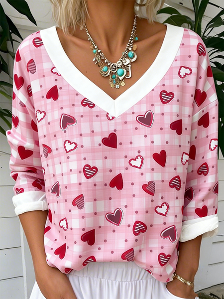 Women Leaf Long Sleeve Tee T-shirt V Neck Casual Spring/Fall Top, JustFashionNow T-Shirts, color:Pink|size:5XL