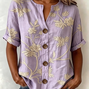 Women Floral Stand Collar Long Sleeve Shirt Vintage Daily Spring/Fall Top, JustFashionNow Blouses, color:Light Purple|size:5XL