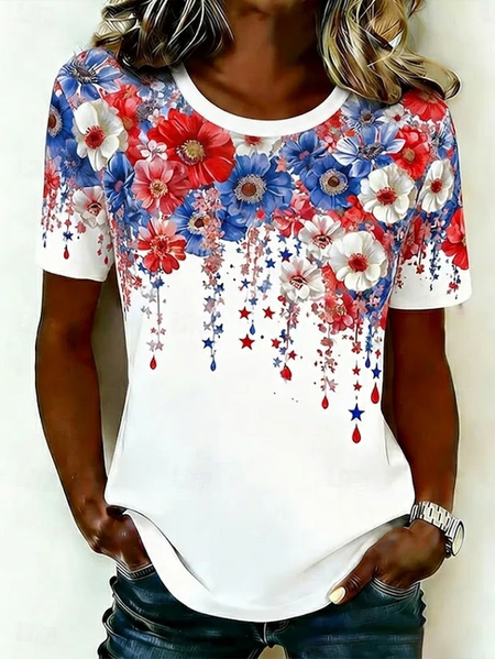 Women Floral Short Sleeve Tee T-shirt Crew Neck Printing Casual Graphic Tee Summer Top, JustFashionNow T-Shirts, color:White|size:XXL - Image 4