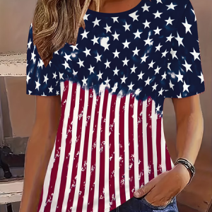 Women America Flag Short Sleeve Tee T-shirt Crew Neck Printing Casual Graphic Tee Summer Top, JustFashionNow T-Shirts, color:As Picture|size:XXL