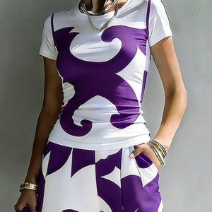Urban Abstract Print Slim Fit T-Shirt, Tees, color:Purple|size:XXL, Stylewe